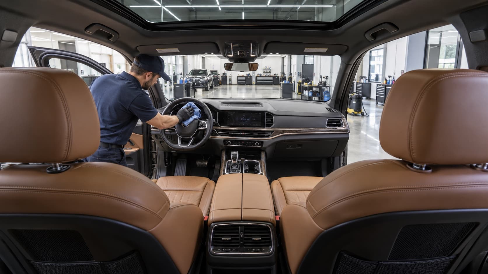 Detailer wiping the dashboard of a clean leather cabin
