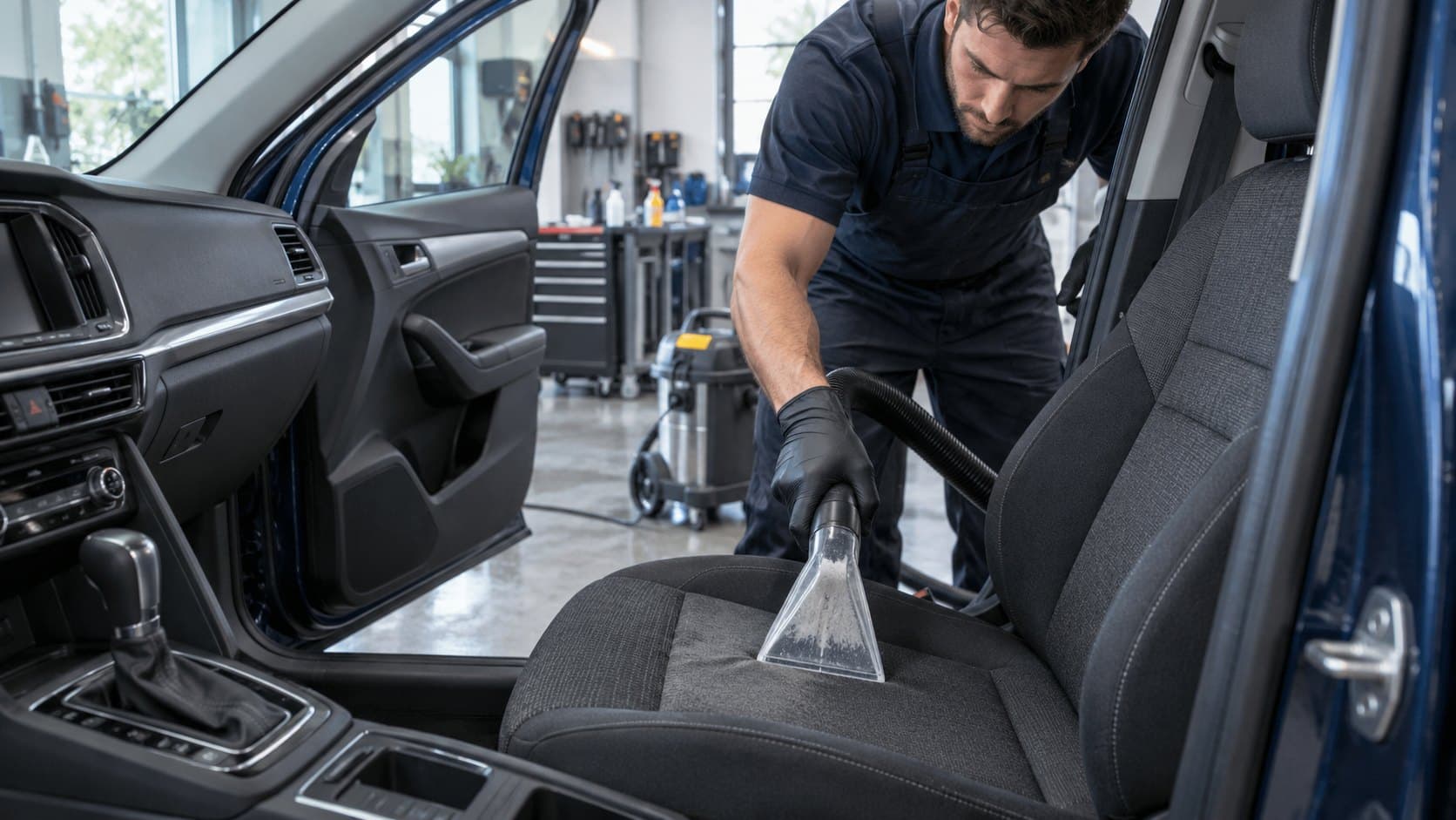 Detailer extracting a fabric seat with a hot-water extractor