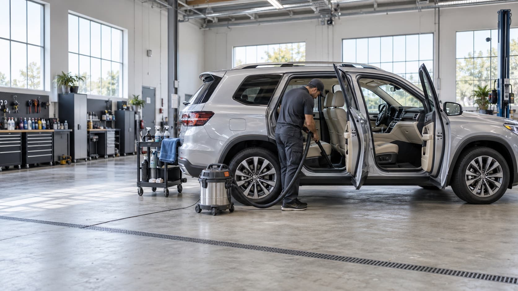 Detailer cleaning the cabin of an SUV in a shop